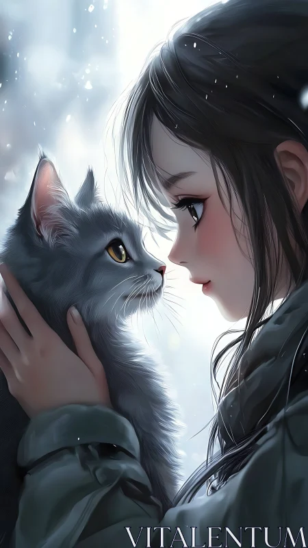 Snowlit gaze between girl and gray cat, hearts in hush.