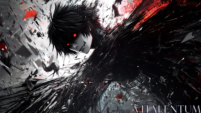 Dark-haired figure with red eyes amid black shard field.