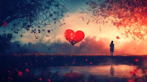 Solitary figure watches giant glowing heart float across dreamscape.