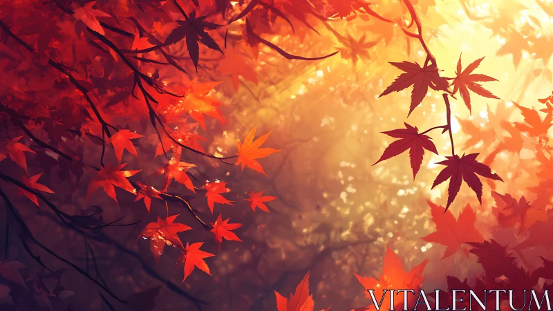 Backlit autumn maple canopy renders glowing bokeh atmosphere