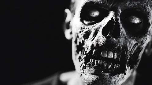 Decayed zombie portrait stares forward in stark monochrome