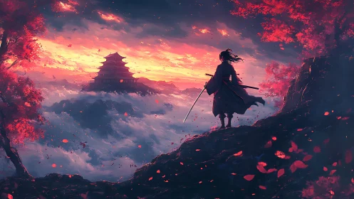 Lone samurai overlooks mountain temple at burning dusk.