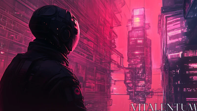 Astronaut observes dense neon cityscape in luminous pink light
