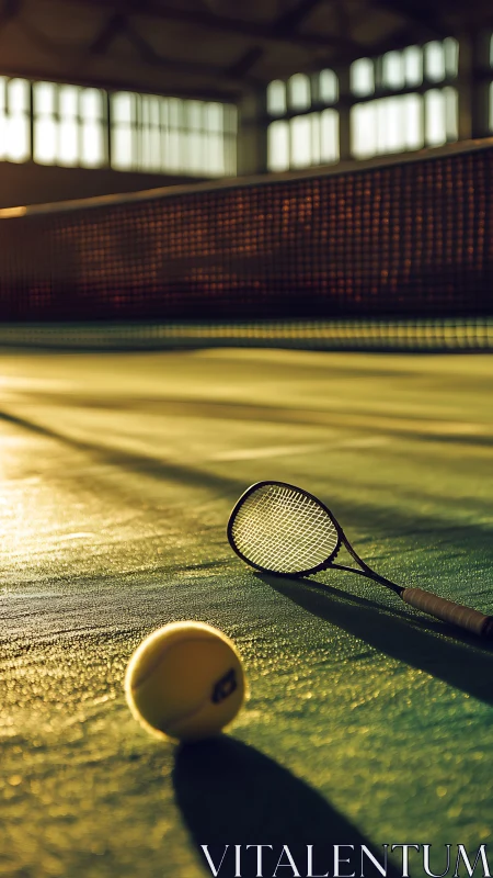 Tennis racket and ball on sunlit indoor court floor.