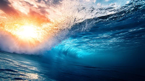 Sunfire colliding with a sapphire wave in luminous roar.