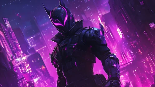 Neon armored vigilante stands in glowing cyberpunk megacity