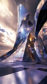 Twisting mirrored tower reflects storm sky over metallic plaza