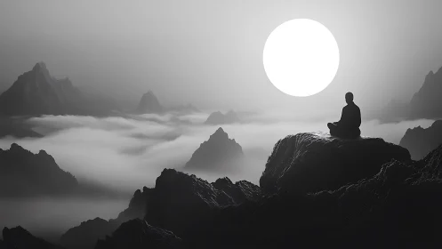Silhouette on rocky peak before large sun over misty mountains.