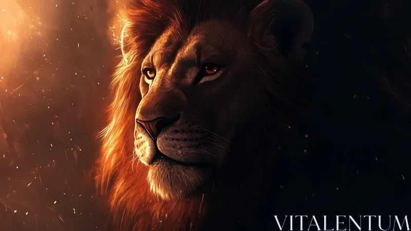 Regal lion portrait in emberlit shadowed atmosphere.