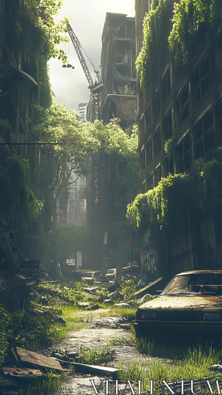 Overgrown post-apocalyptic street corridor with decayed vehicles and cranes