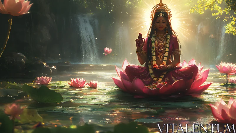 Divine figure in lotus pond bathed in radiant aureole light.