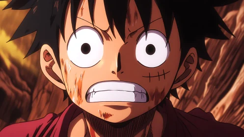 Battle-worn anime hero with intense shocked expression close-up.