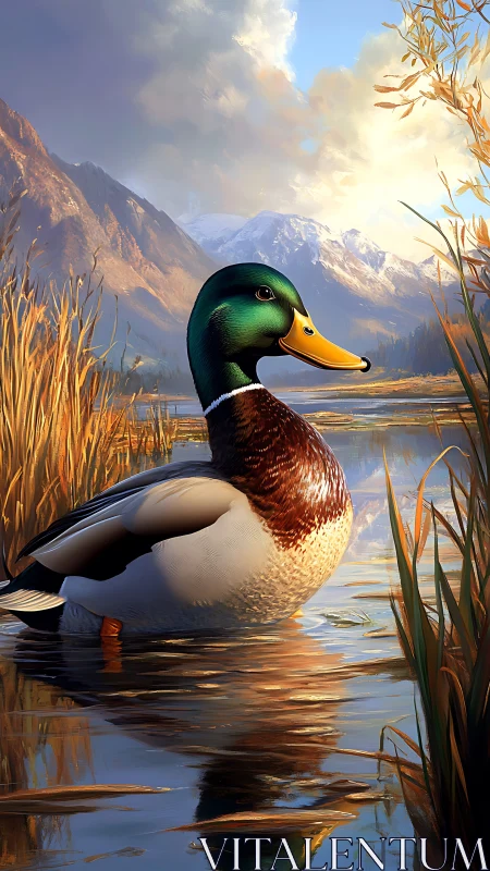 Peaceful mallard resting in golden mountain wetland light.