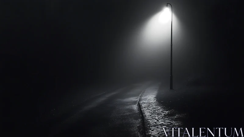 Single streetlamp illuminates wet cobblestone path at night