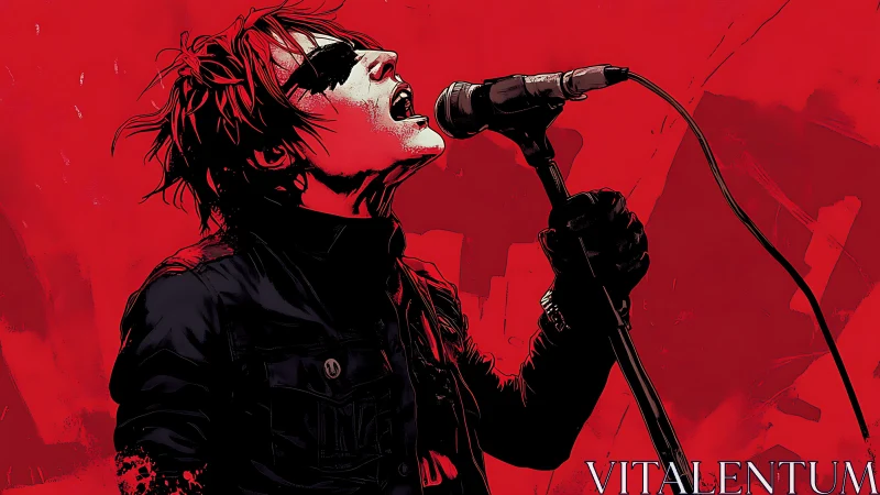 Red stage storm of a singer lost in electric emotion.