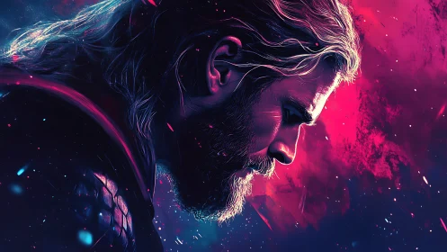 Neon-lit warrior profile in magenta blue cinematic contrast