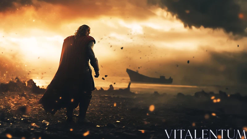 Storm-lit warrior surveys burning shore at apocalyptic dusk