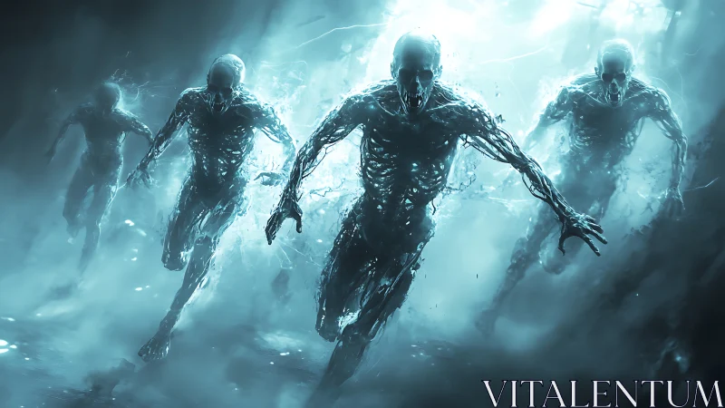 Spectral liquid phantoms charge through a glowing void.