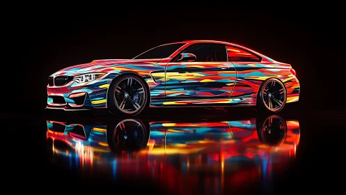 Neon sports coupe wrapped in dynamic multicolor streaks.