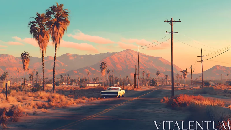 Sunlit desert roadway with vintage sedan and power lines.
