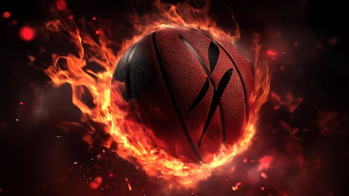 Blazing basketball spins through fire with intense game energy