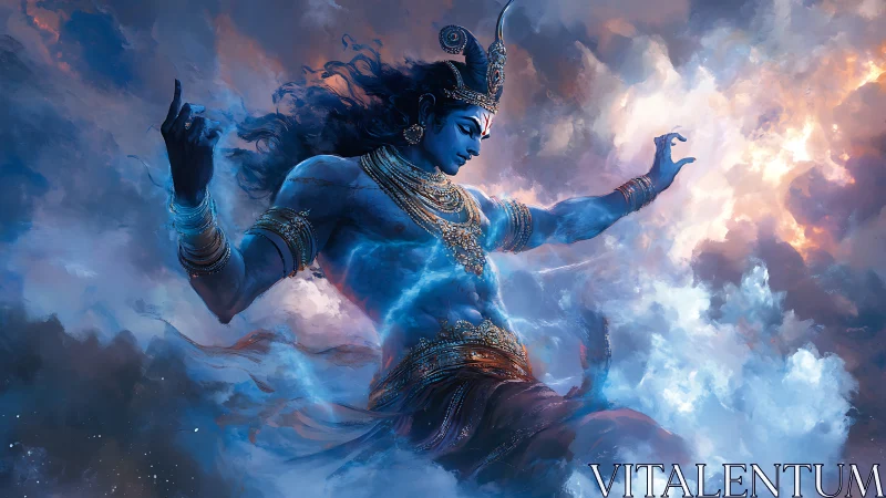 Celestial blue deity dancing amid turbulent luminous clouds