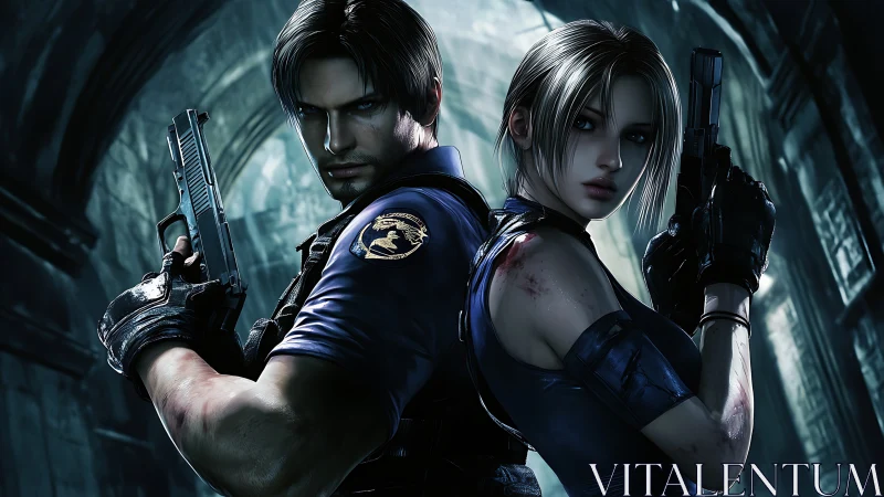 Twin gunfighters lock shoulders beneath the haunted arches