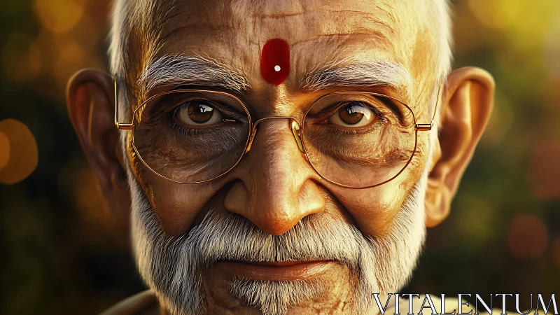 Elderly Indian man portrait with tilak and warm gaze.