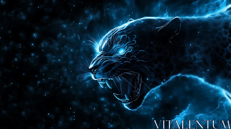 Ethereal Digital Beast Emerges from Cosmic Blue Energy