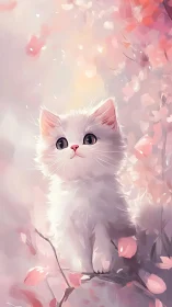 White Kitten Portrait Among Soft Pink Petals
