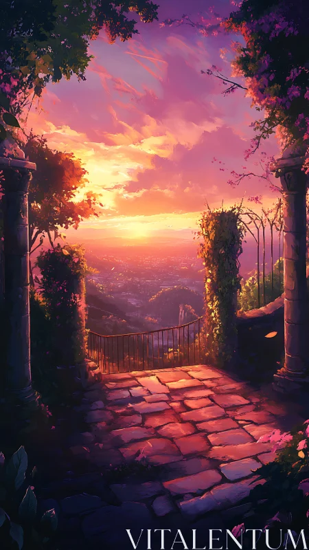 Sunset garden terrace opens onto glowing valley horizon.