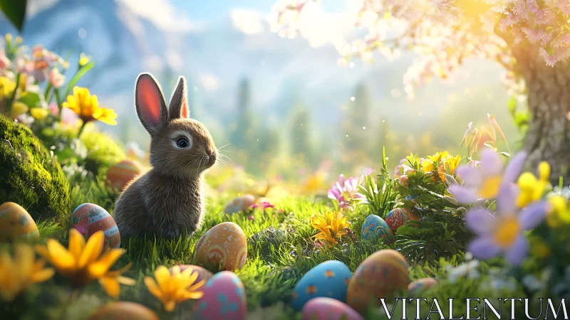 Young rabbit amid painted Easter eggs in sunlit meadow.