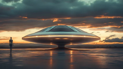 Silhouetted figure near disc-shaped craft at sunset horizon.