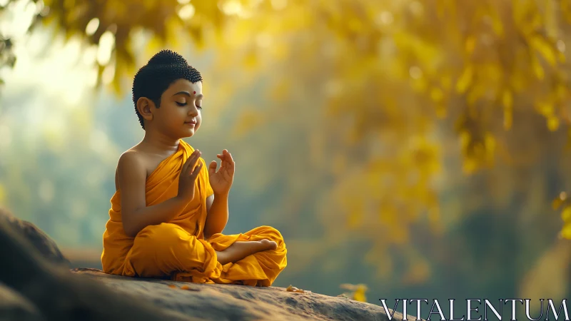 Child monk in saffron robes meditating under diffuse forest light.