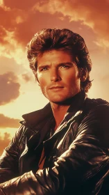 Sunlit leather-clad hero gazes into a blazing sky