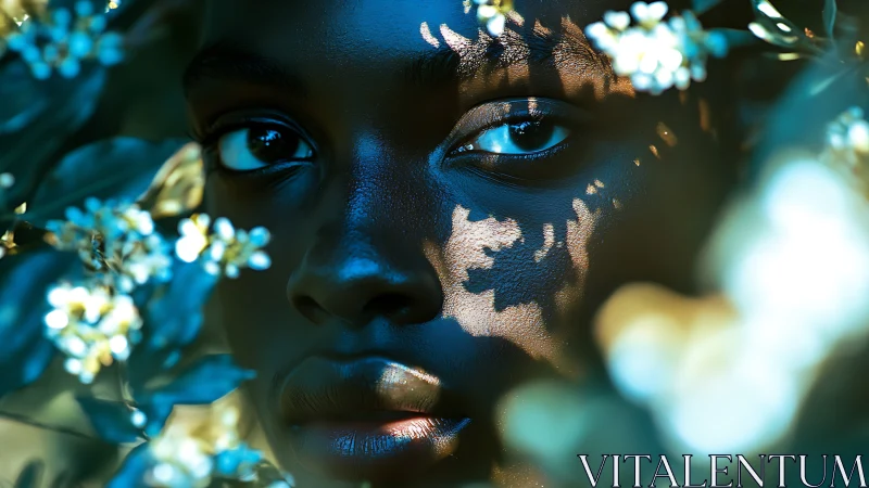 Portrait shows luminous face framed by sunlit foliage
