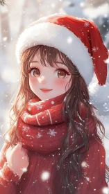 Girl in red winter clothing stands in falling snow outdoors