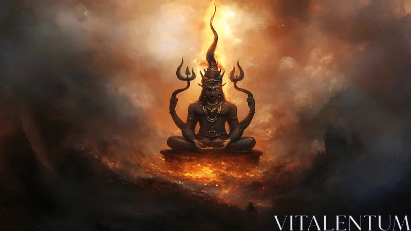 Seated multi-armed deity over fire within dense smoke field.