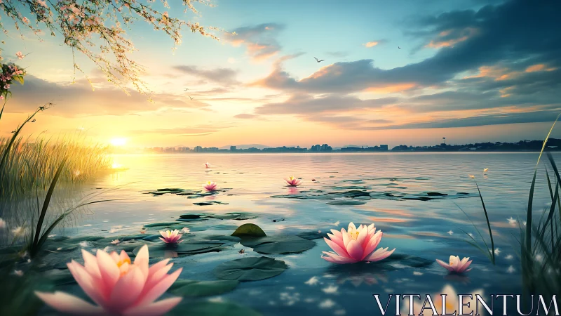 Sunlit lotus blossoms drift across a tranquil lakeside horizon.