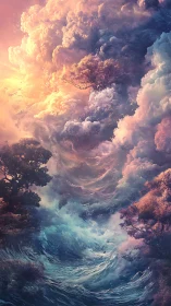 Stormlit clouds swirl above luminous dream ocean.