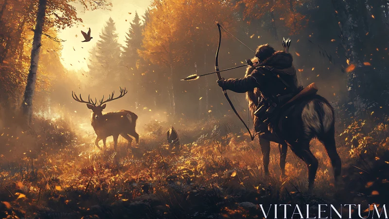 Autumn forest centaur hunter draws bow toward stag at dawn.