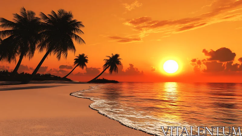 Digital tropical sunset shoreline with silhouetted palms composition.