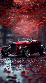 Red vintage roadster on wet forest road under red foliage.