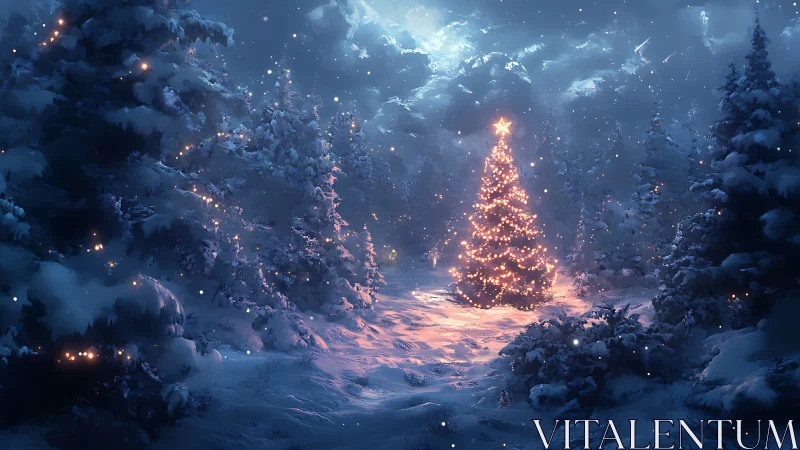 Luminous Christmas tree glows within tranquil snowy forest.