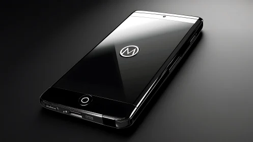 Sleek black smartphone on reflective dark surface.