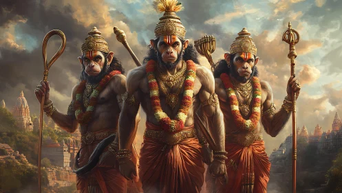 Triptych of warrior monkey deities with ornate temple backdrop