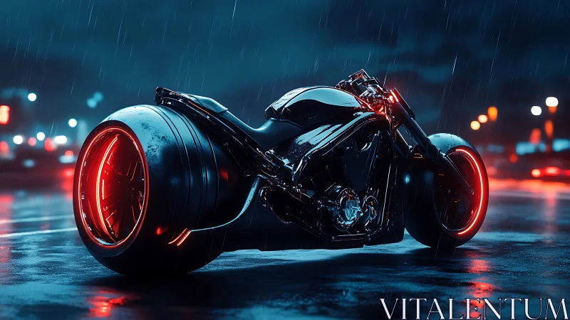 Futuristic black motorcycle with neon red wheel lighting.
