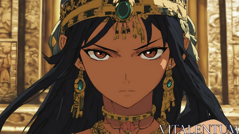 Defiant desert queen stares forward in ornate gold crown