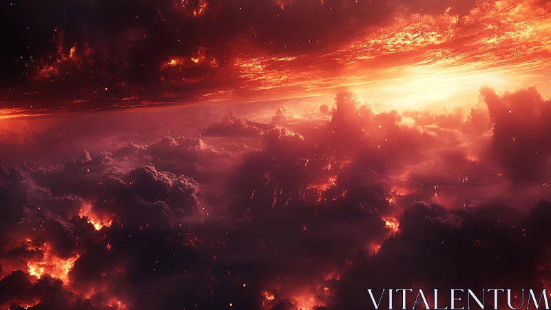 Volumetric inferno cloudscape under radiant stellar horizon