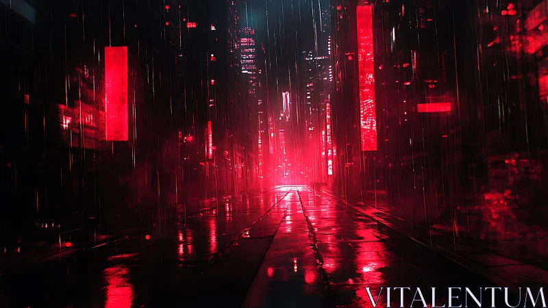 Neon drenched cyberpunk alley with reflective red rain glow.